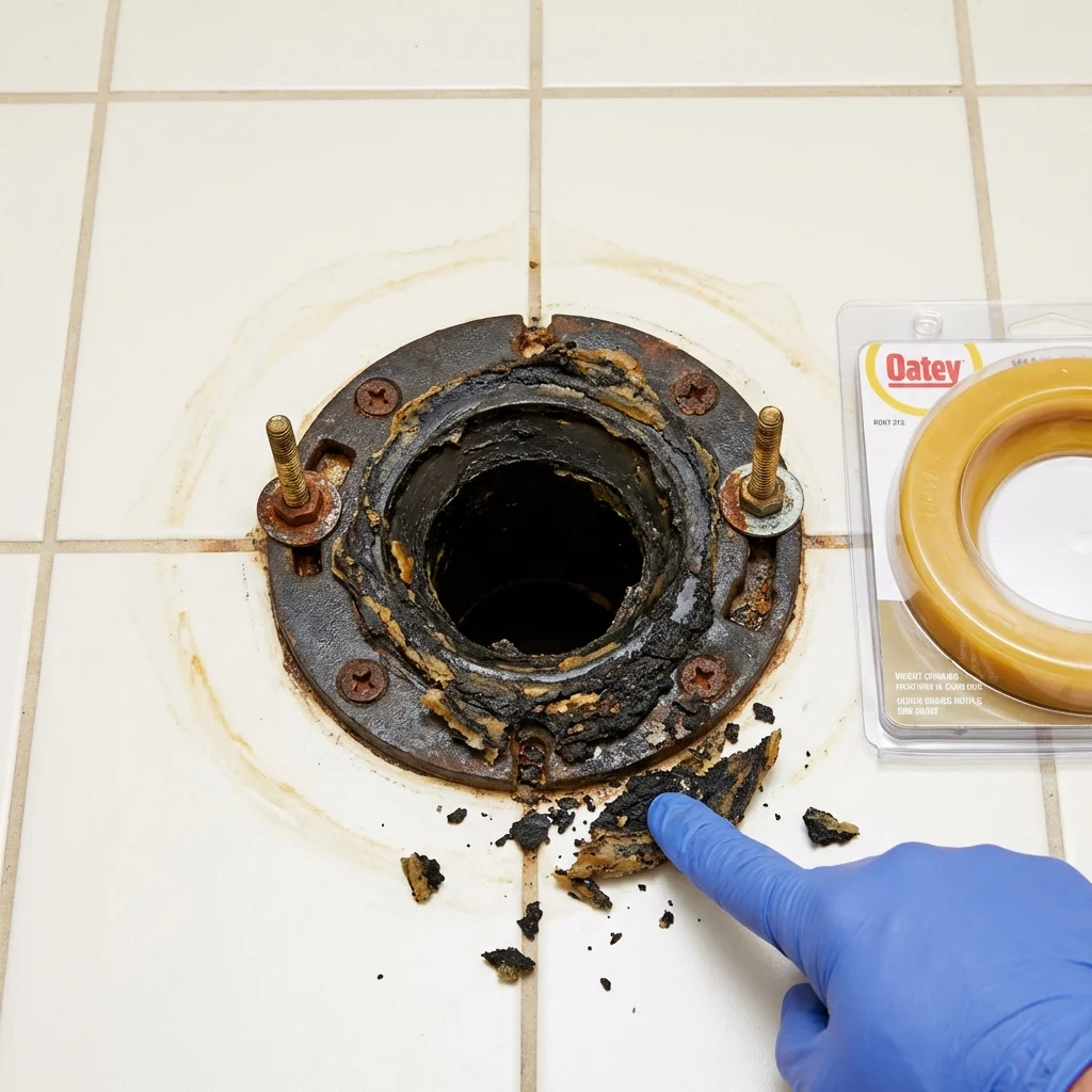 Failed wax ring showing water seepage at the base of a toilet in a Clinton, MI home