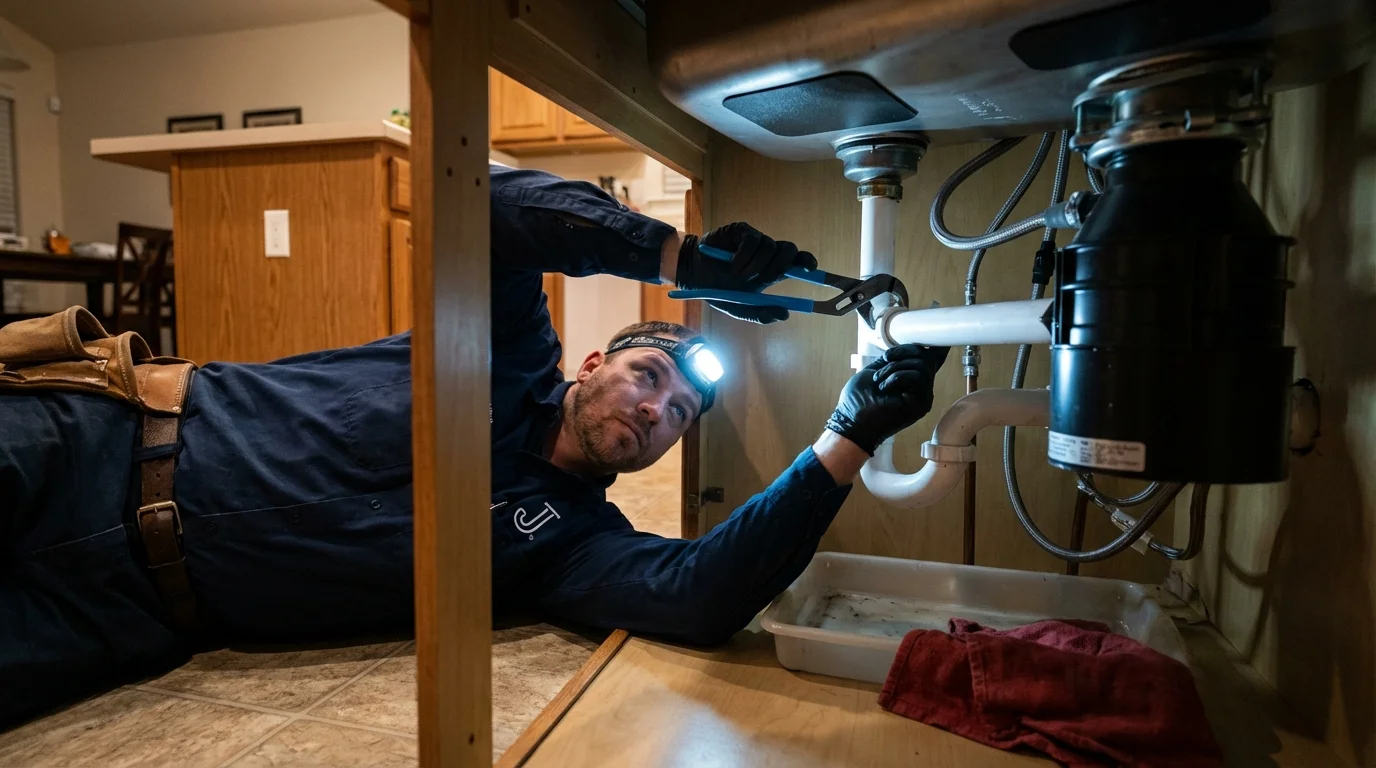 P-trap and supply line connections under a kitchen sink showing a common leak point in Clinton, MI